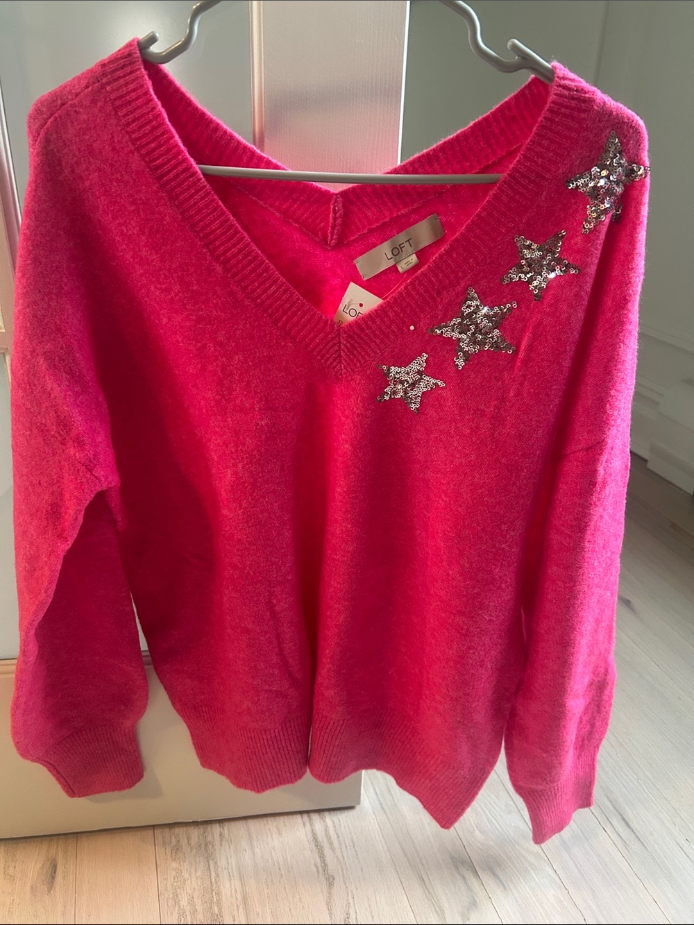 LOFT Hot Pink Sequin Star V-Neck Sweater